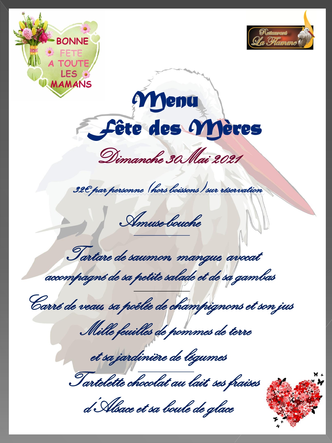 Menu fête des mères Dimanche 30 mai – Restaurant la Flamme – Brasserie
