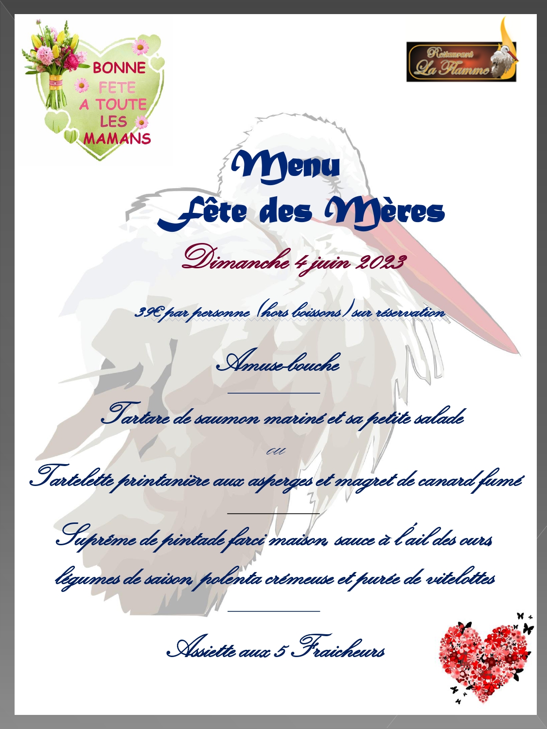 Menu Fête des Mères 4 juin 2023 Restaurant la Flamme Brasserie la